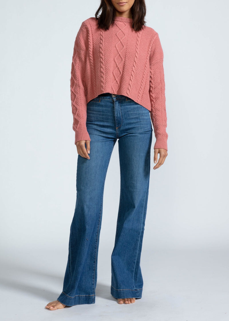 ASKK NY Cable Cropped Crew Sweater in Washed Pink