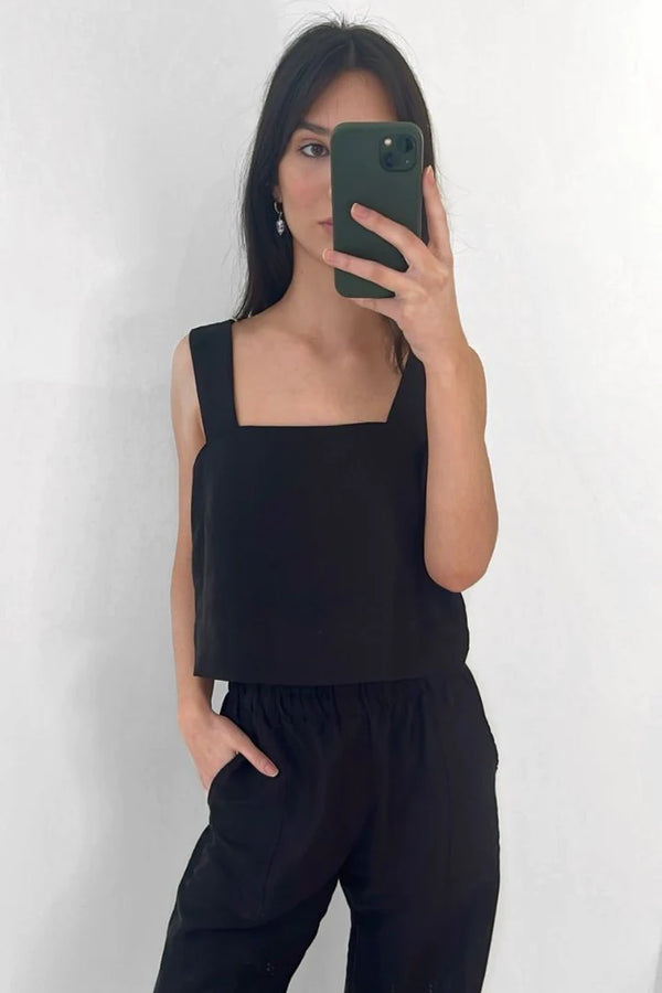 Natalie Busby Square Tank in Lyocell Linen Black