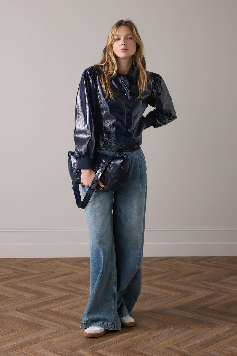 Summum Patent Crop Jacket with Puff Sleeves