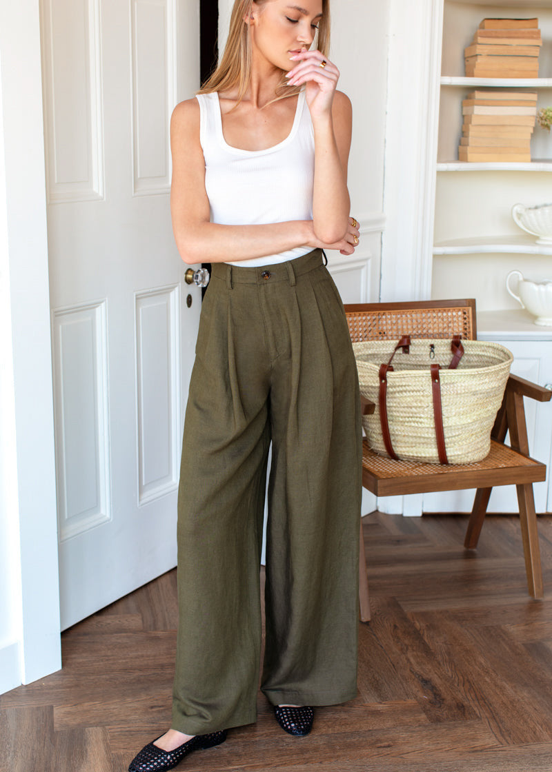 Atelier Pleated Pant in Martini Olive - Emerson Fry