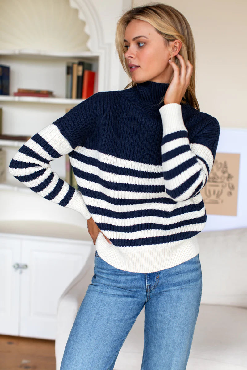 Emerson Fry Carolyn Funnel Neck Sweater in Navy Colorblock Stripe Organic