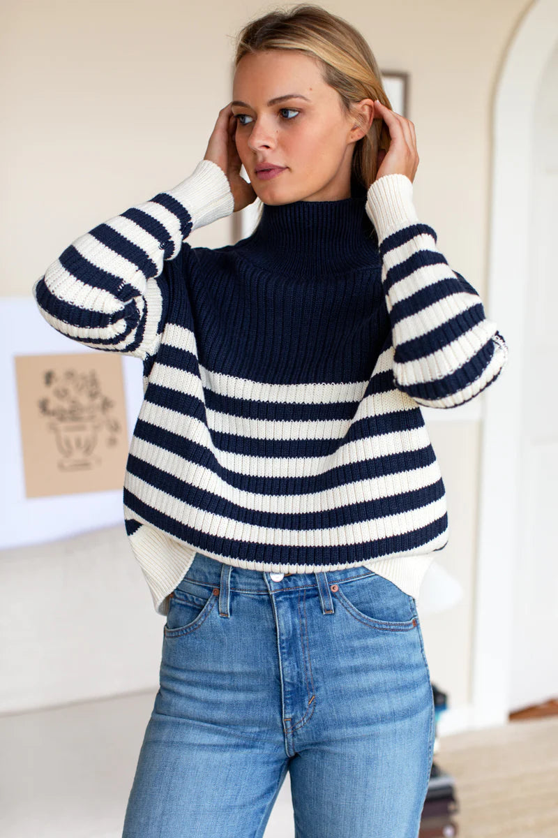 Emerson Fry Carolyn Funnel Neck Sweater in Navy Colorblock Stripe Organic