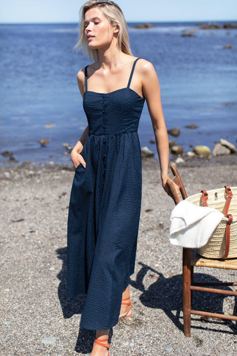 Florentine Layering Dress in Navy Seersucker - Emerson Fry