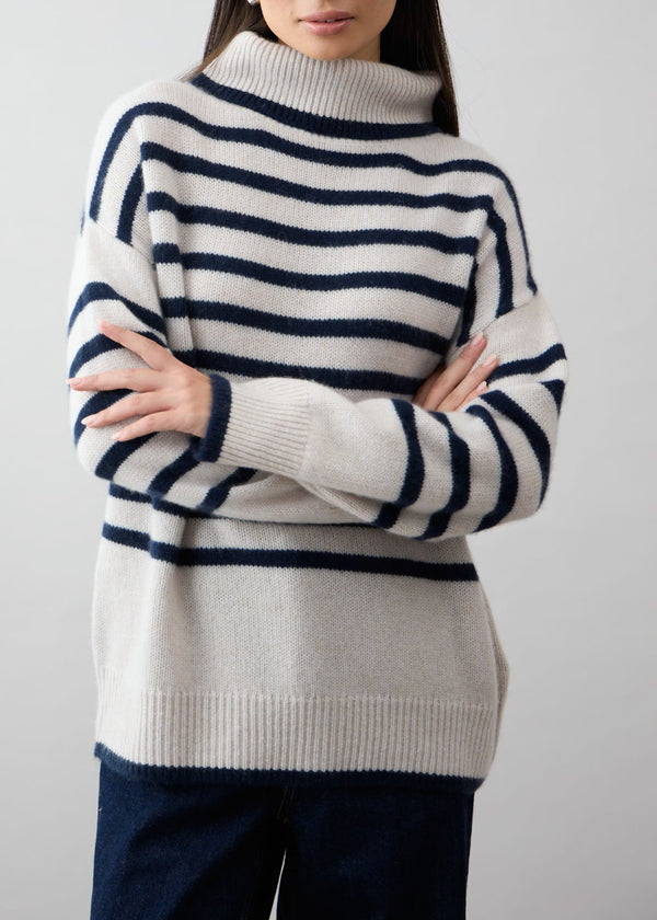 Mia Fratino Amina Cashmere Turtleneck in Alabaster/French Navy Stripe