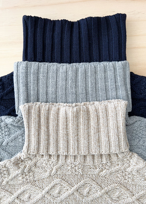 Cable Knit Merino Wool Sweater - Navy, Grey, Beige Marl