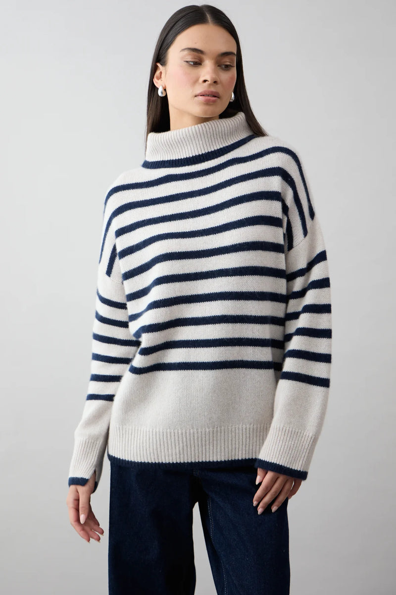 Mia Fratino Amina Cashmere Turtleneck in Alabaster/French Navy Stripe