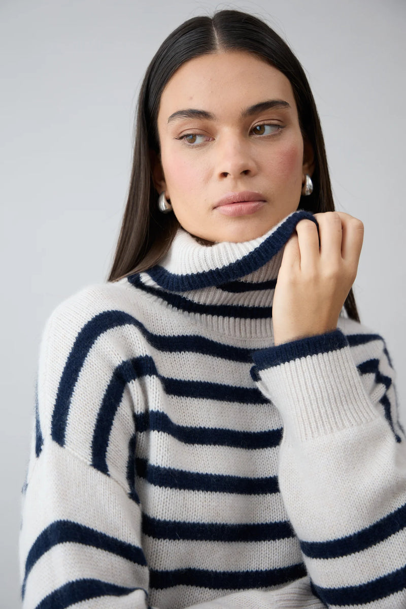 Mia Fratino Amina Cashmere Turtleneck in Alabaster/French Navy Stripe