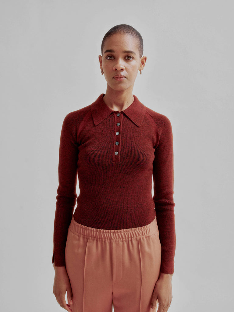Sayaka Davis Ribbed Knit Polo Rust x Navy