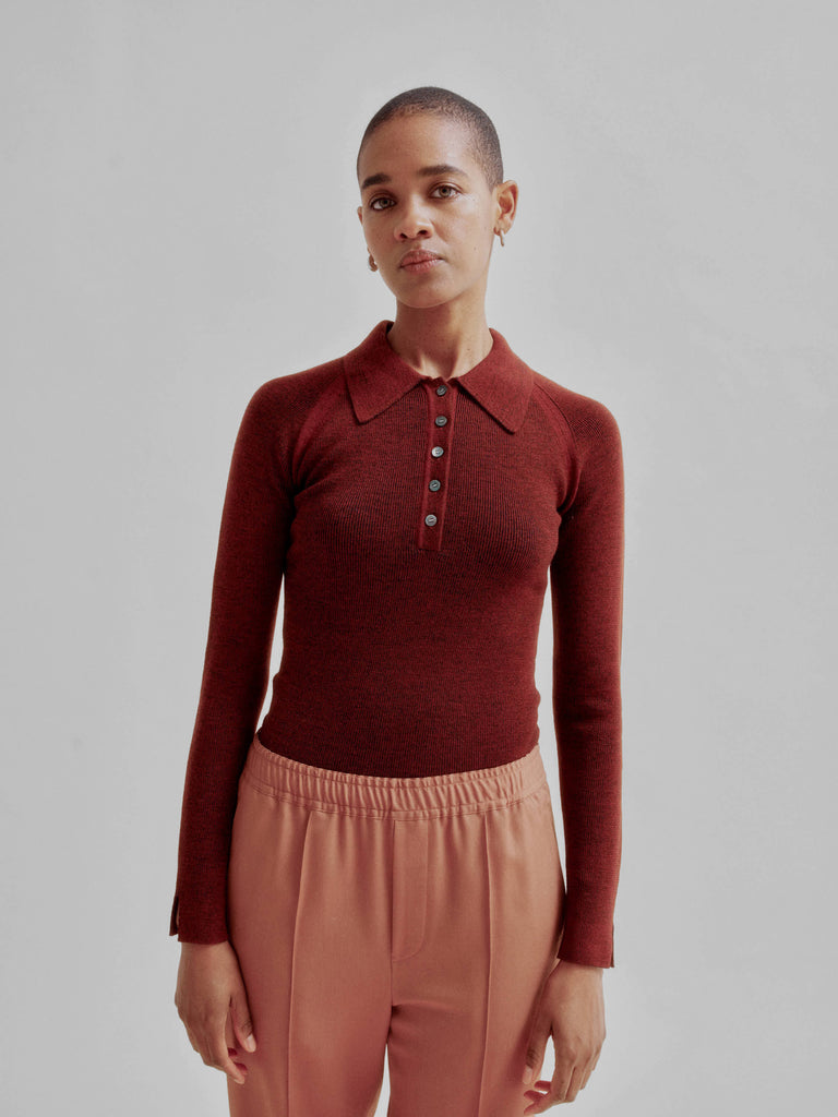 Sayaka Davis Ribbed Knit Polo Rust x Navy