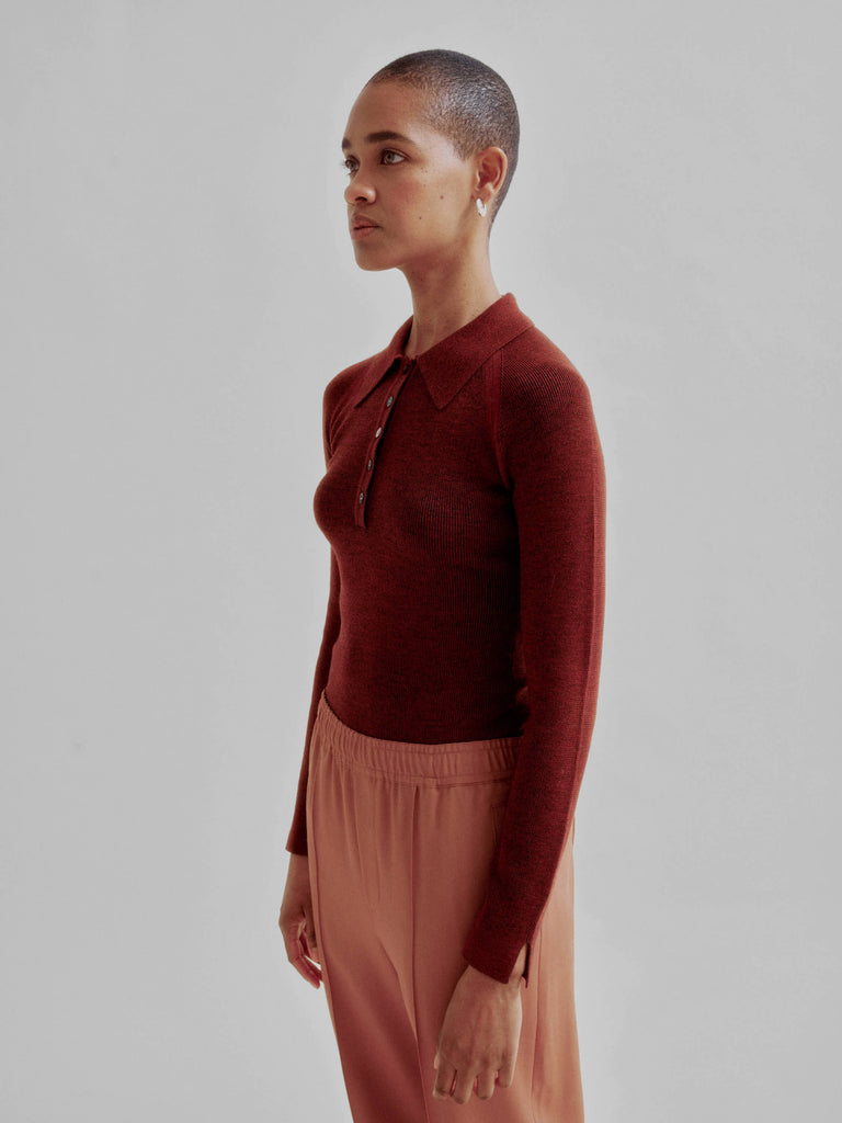 Sayaka Davis Ribbed Knit Polo Rust x Navy