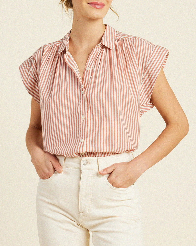 Trovata Della Button Down Short Sleeve Shirt in Brandy Stripe