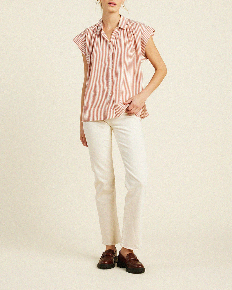 Trovata Della Button Down Short Sleeve Shirt in Brandy Stripe