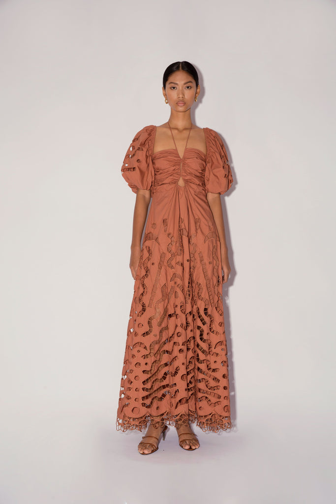 Magali Pascal Flores Eyelet Cotton Halter Dress in Sienna