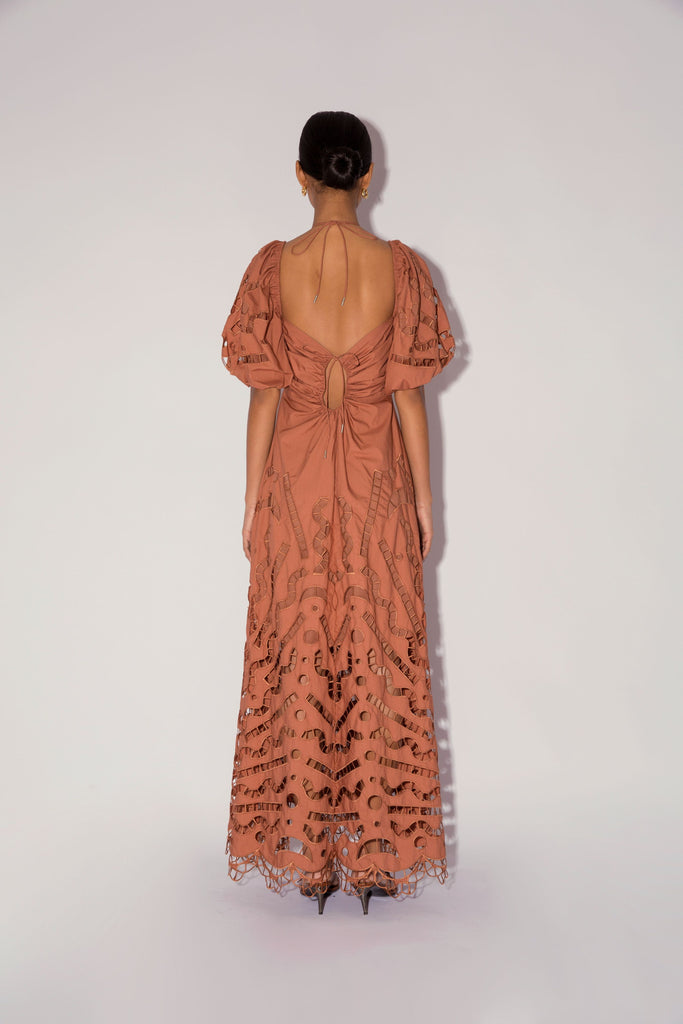 Magali Pascal Flores Eyelet Cotton Halter Dress in Sienna