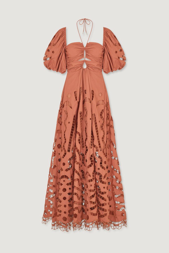 Magali Pascal Flores Eyelet Cotton Halter Dress in Sienna
