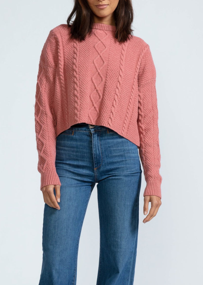 ASKK NY Cable Cropped Crew Sweater in Washed Pink