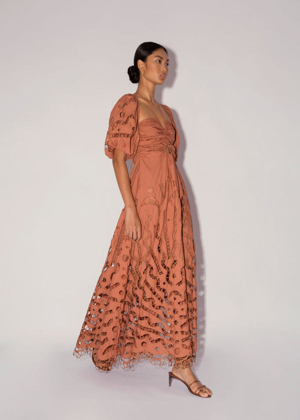 Magali Pascal Flores Eyelet Cotton Halter Dress in Sienna
