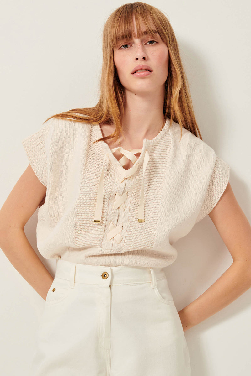 Odyssee Creme Knit Short Sleeve Sweater - Sessun