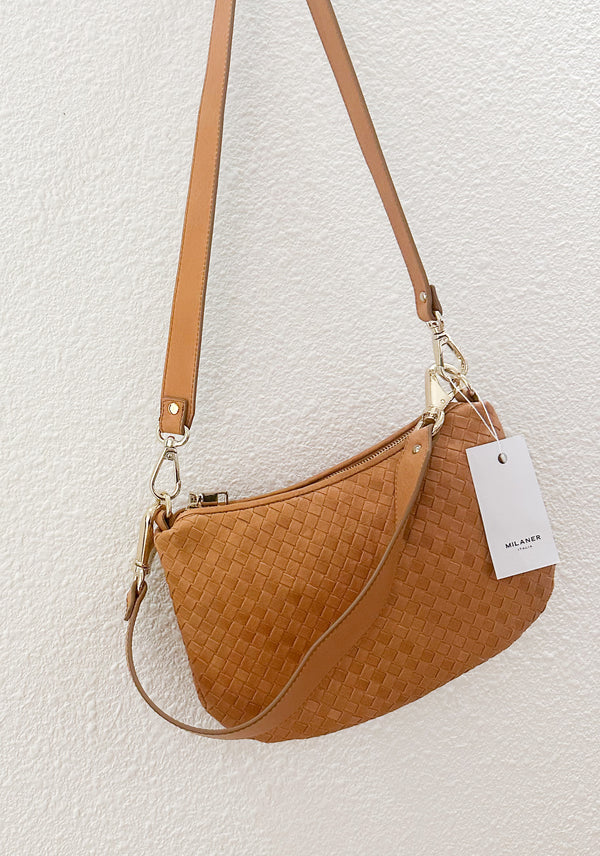Milaner | The Belinda Woven Leather Crossbody Bag | Caramel Brown