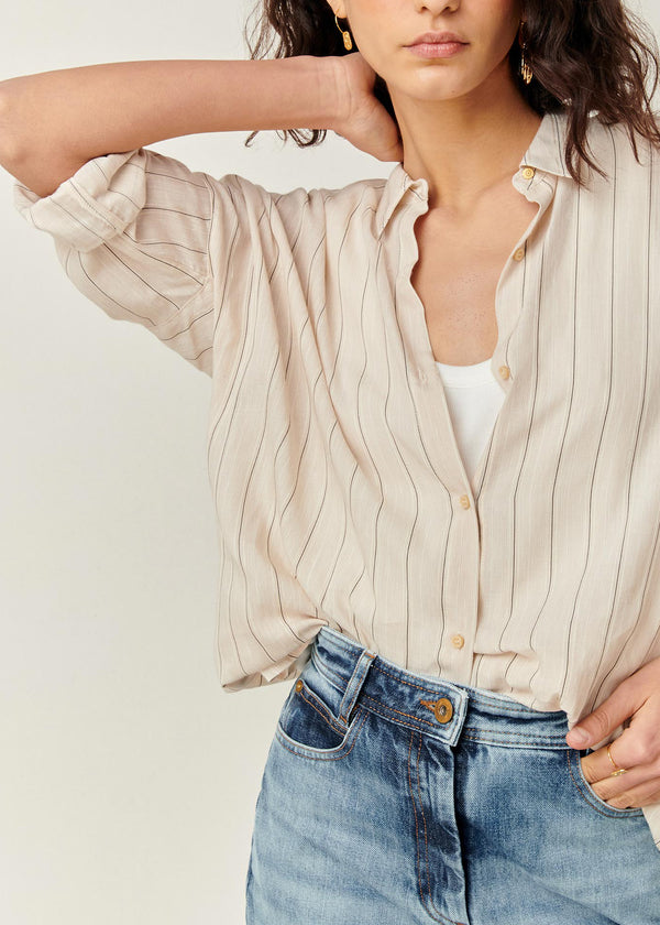 Sessun Botan Cream Vertical Stripe Button Down Collared Shirt